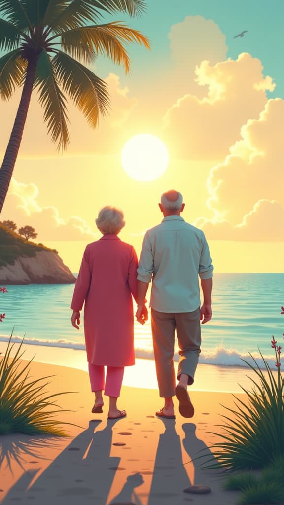  flat illustration, flaticon, (illustration:1.15), making magic: front view, grandma and grandpa walking near the sea, evening sunlight ar 9:16 ar 9:16, [cory loftis, strobist, pascal campion :: 0.2]