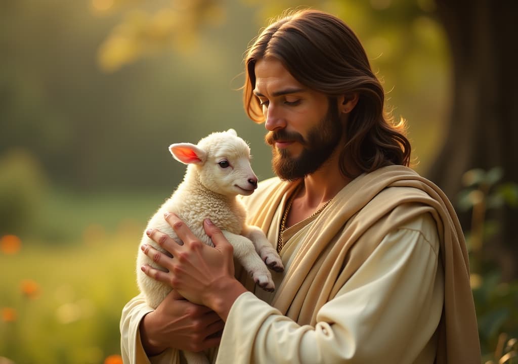  image of jesus christ holding a little lamb of easter holiday concept, high quality, high details, hd, perfect composition, 4k epic detailed, highly detailed, sharp focus, high resolution