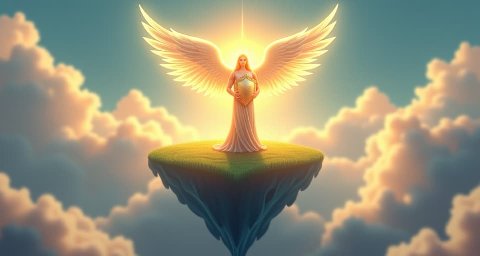  a floating island with an angelic figure in glowing armor, holding a bright shield. the island is surrounded by soft, divine light, and the figure's presence exudes strength, symbolizing the holy spirit's empowerment.. the style is digital art illustration,highly detailed, whimsical,magical, dreamlike atmosphere, realism and fantasy blend, smooth, glossy textures,luminous quality, wonder and enchantment.