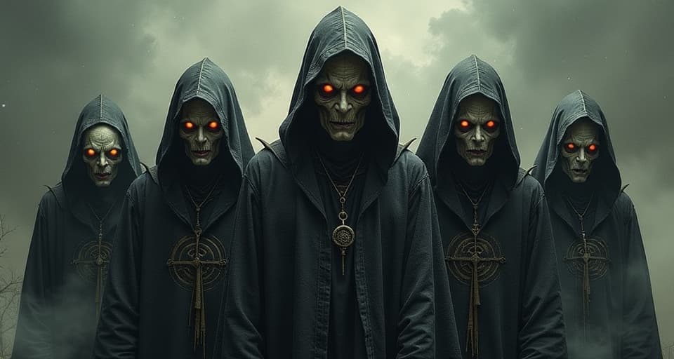  a shadowy group with distorted faces, eyes glinting malevolently, dark robes with swirling patterns, foggy background, aura of malice and deceit. an illustration in the style of a worn, mystical old tarot trump card, mysterious and elements of surrealism. the colors are muted, somber and eerie, but with contrast bring out an occult and esoteric vibe.