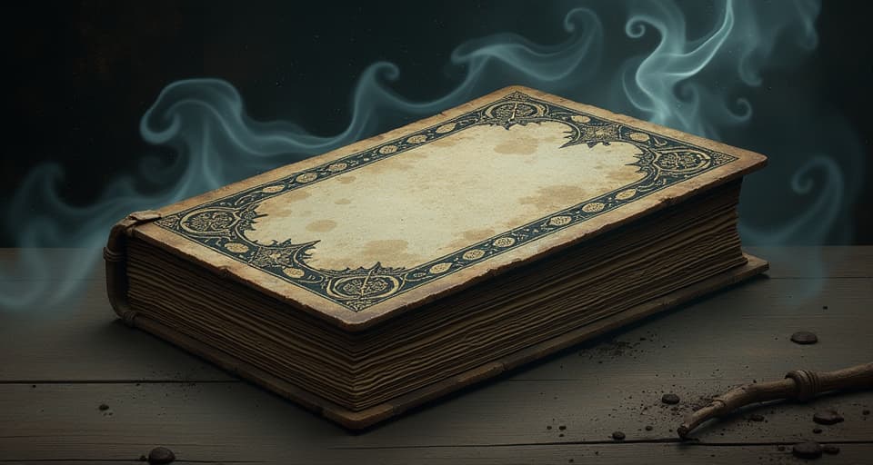  a closed book with an ancient, intricate cover, surrounded by wisps of smoke, book represents fulfilled purpose, mysterious, finality. an illustration in the style of a worn, mystical old tarot trump card, mysterious and elements of surrealism. the colors are muted, somber and eerie, but with contrast bring out an occult and esoteric vibe.