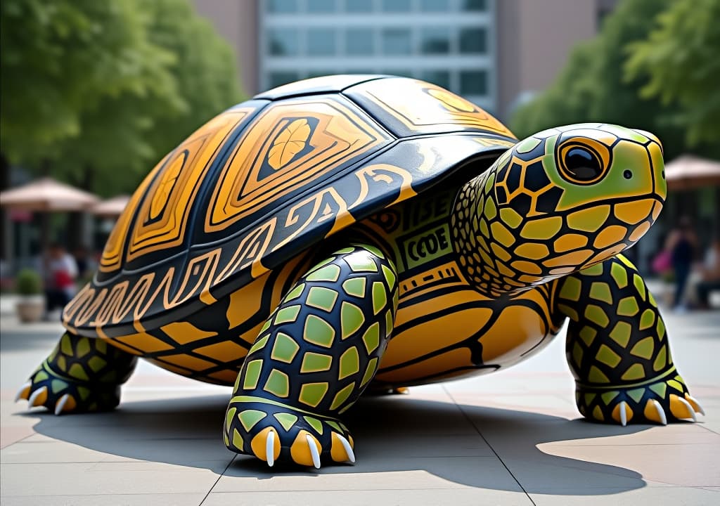  a large, colorful turtle sculpture stands in a public space, its shell adorned with black and yellow patterns.