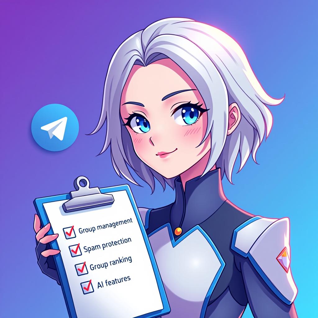  good quality, high quality, a profile picture for a telegram group management bot featuring emilia from re:zero. emilia is depicted with her silver hair and blue eyes, holding a stylized clipboard with a checklist. checklist in "group mangement" "spam protection" "group ranking" "ai features", the background is a soft gradient of telegram logo purple and blue, symbolizing efficiency and organization. the telegram iconic logo is subtly integrated into the background, starting small near emilia and gradually growing in size and brightness as it moves outward, blending smoothly with the gradient color,