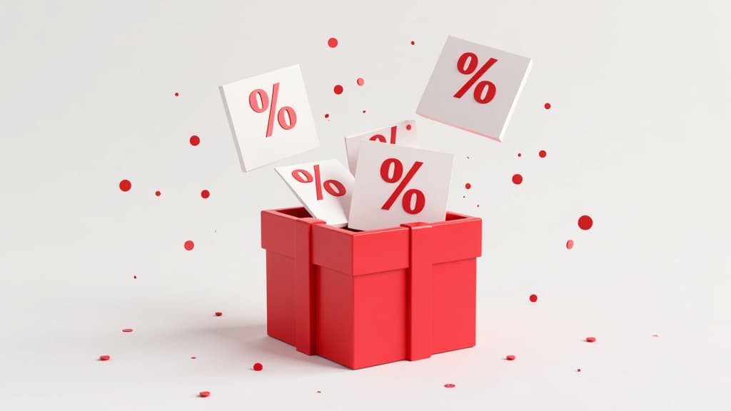  3d illustration showing a red gift box from which cards with the inscription "%" fly out on a white festive background {prompt}, maximum details