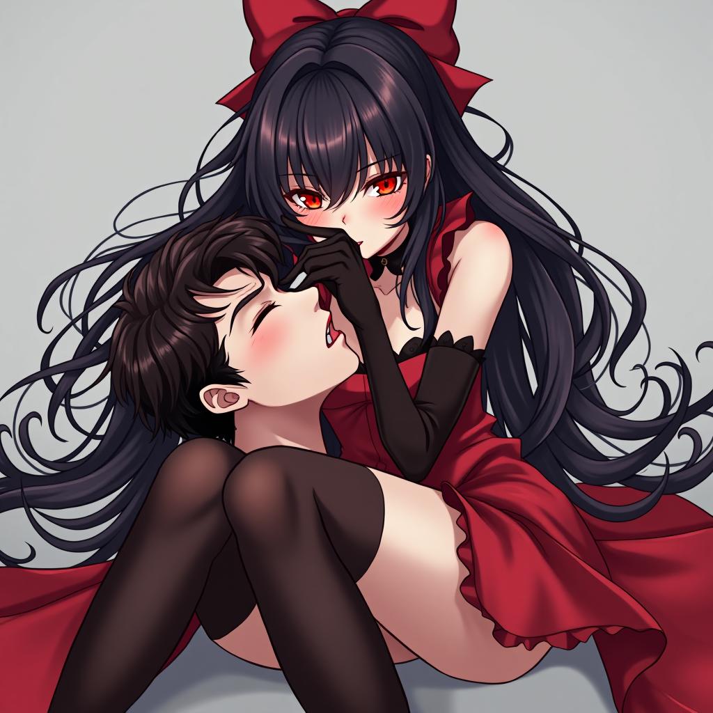  anime girl succubus in black satin gloves, red dress, stockings sits on top of a guy and covers his mouth and nose trying to strangle him