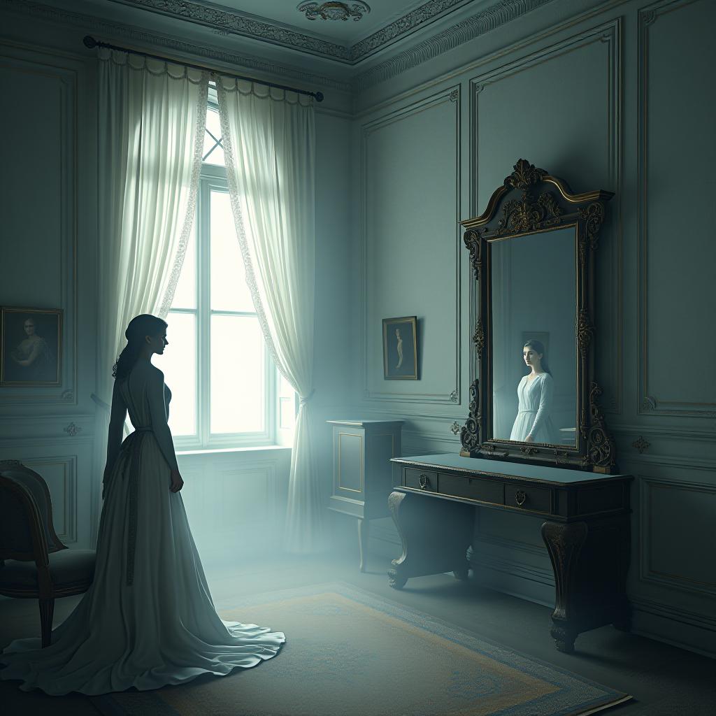  create a high quality, photorealistic image that vividly depicts the following scene: 'a barely illuminated, hauntingly calm chamber showcasing georgian architectural style with elaborate wainscoting and extravagant ceiling roses, pristine edwardian period furniture swathed in ivory protective cloth, a neutral chromatic scheme of muted blues and silvers, soft lunar brightness an ajar window with delicate embroidered curtains fluttering slightly. the main element to note, an antique rococo mirror reflecting a hazy, phantom woman (edwardian attire, serious countenance, motionless, etherial eyes directly staring at the onlooker), her silhouette unbelievably existing simultaneously with some shrouded furniture items. captured on nikon z7 hyperrealistic, full body, detailed clothing, highly detailed, cinematic lighting, stunningly beautiful, intricate, sharp focus, f/1. 8, 85mm, (centered image composition), (professionally color graded), ((bright soft diffused light)), volumetric fog, trending on instagram, trending on tumblr, HDR 4K, 8K