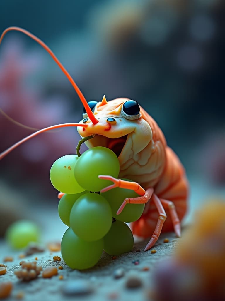  a colorless shrimp on the seabed smiles happily while eating green grapes. cartoon style. colorful. firooze hyperrealistic, full body, detailed clothing, highly detailed, cinematic lighting, stunningly beautiful, intricate, sharp focus, f/1. 8, 85mm, (centered image composition), (professionally color graded), ((bright soft diffused light)), volumetric fog, trending on instagram, trending on tumblr, HDR 4K, 8K