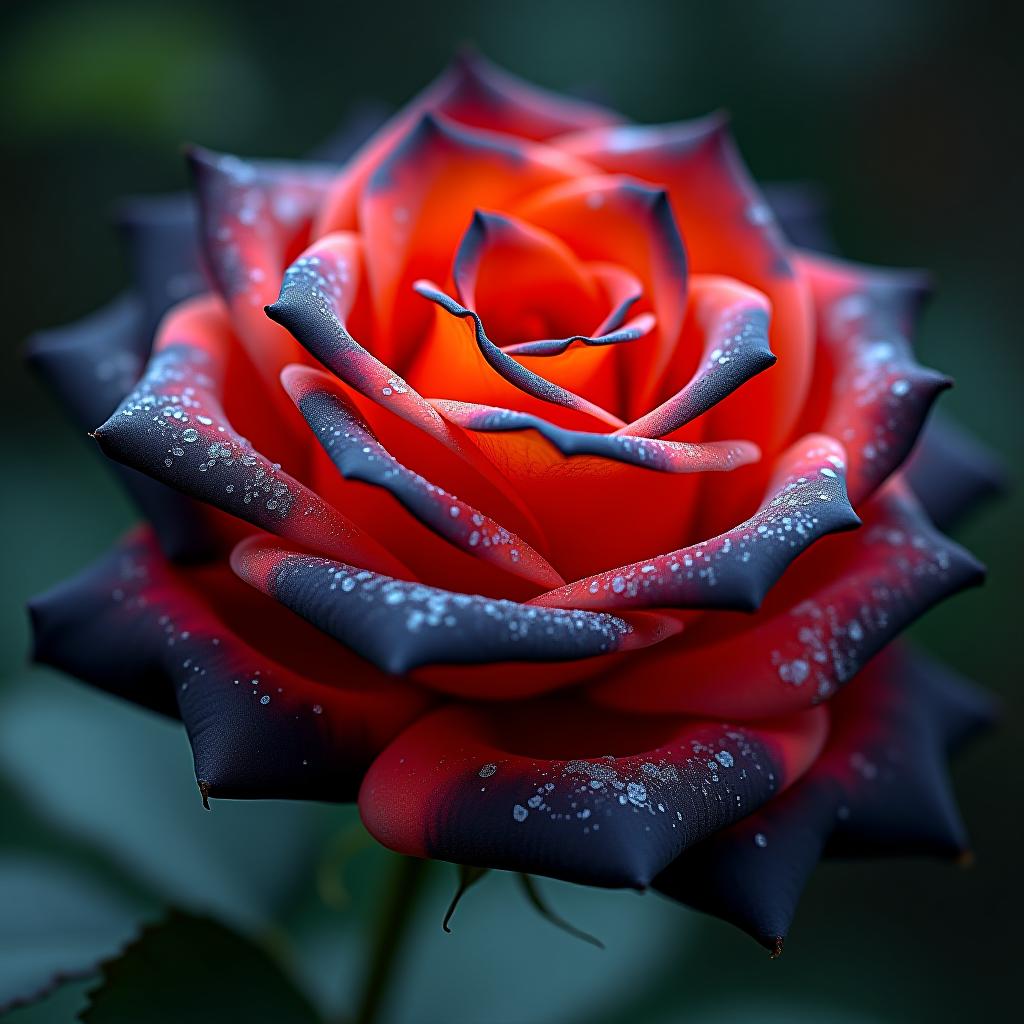  fire and ice rose, a marvel of nature that captivates with its dramatic blooms. the fiery red and orange petals, edged in black, create a stunning visual contrast