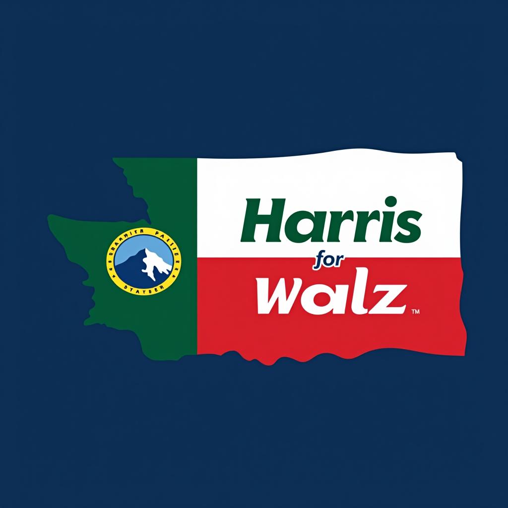  a design inspired by the washington state flag. the left side features a green vertical stripe with mt. rainer in the center. the right side is divided into two horizontal sections: the top section is white with the text 'washington for' in bold, green, uppercase letters, and the bottom section is red with the text 'harris walz' in bold, white, uppercase letters. the overall layout is clean and straightforward, with a clear and patriotic color scheme of blue, white, and red.