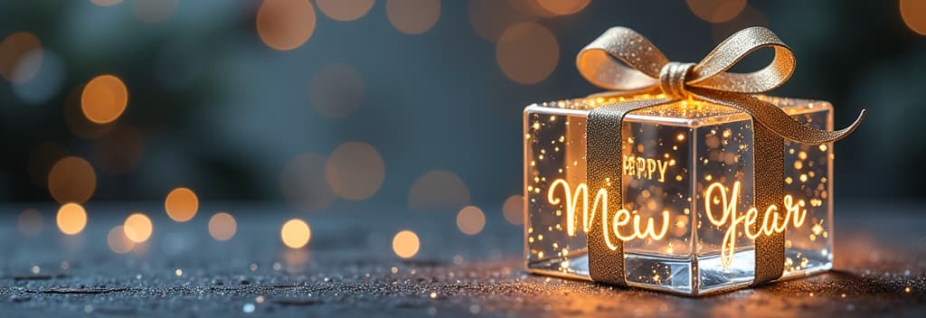  transparent glass christmas gift with glass bow, golden glowing text “happy new year”, festive silver bokeh background ar 3:1 {prompt}, maximum details