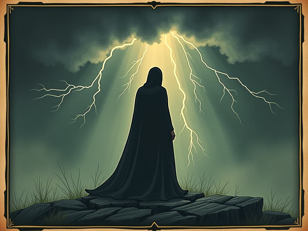  silhouette of a figure under a stormy sky, lightning strikes, resolute stance, betrayal, rejection, solitude, defiance. an illustration in the style of a worn, mystical old tarot trump card, mysterious and elements of surrealism. the colors are muted, somber and eerie, but with contrast bring out an occult and esoteric vibe.