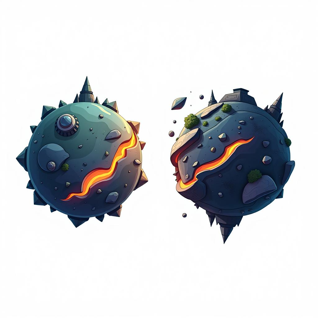  white background. left side: a simple vector graphic showing a hyper realistic alien planet's front view, featuring mysterious structures, bioluminescent patches, and sections of the planet split into floating fragments with glowing edges. right side: back view of the same planet, maintaining high detail and consistency, with the same materials and fantasy elements like glowing areas, unique architectural forms, and floating planetary fragments. both views should depict the same object, with the split elements adding a dynamic, otherworldly feel. cartoon and disney style.