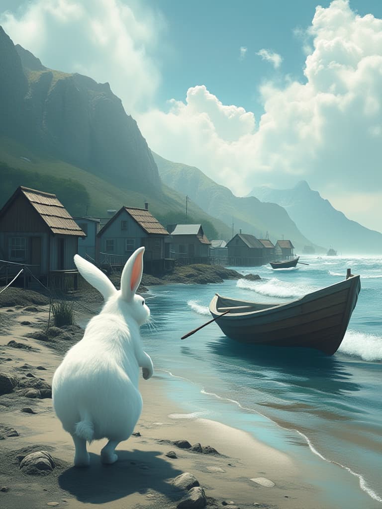  the white rabbit ran fast to a nearby fishing village, looking at a small boat on the shore. the rabbit stood by the boat with firm eyes and was ready to carry out the rescue. in the background, the cabins in the fishing villages were serenely standing, and the sea winds created a sense of tension。