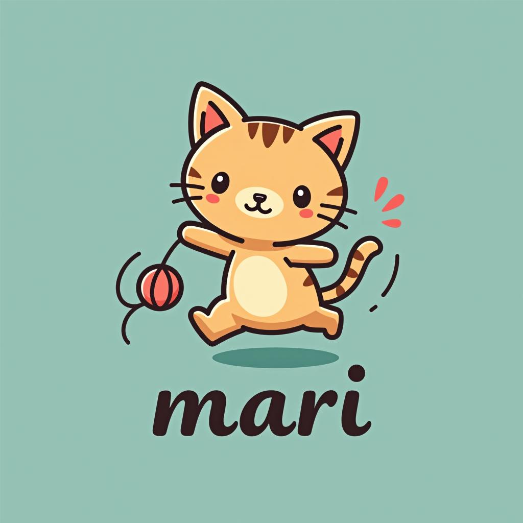  design a logo, un gato jugando con una bola de hilo , with the text 'amigurumis mari'.