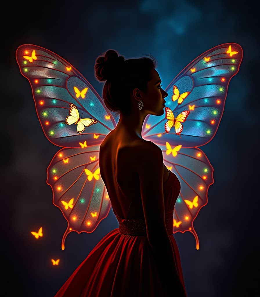  ffaor, 1woman, silhouette, black background, glowing butterflies, colorful, beautiful, elegant, hyperrealistic, full body, detailed clothing, highly detailed, cinematic lighting, stunningly beautiful, intricate, sharp focus, f/1. 8, 85mm, (centered image composition), (professionally color graded), ((bright soft diffused light)), volumetric fog, trending on instagram, trending on tumblr, HDR 4K, 8K