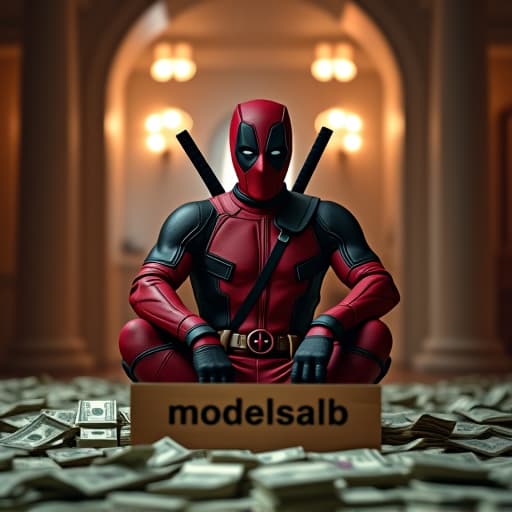  award winning photography, comic book character deadpool, sitting on an enormous pile of cash in a mansion,sign in front reads (modelsalb), 35mm photograph, film, bokeh, professional, 4k, highly detailed. embedding:ezrealponyxl, 8k hyperrealistic, full body, detailed clothing, highly detailed, cinematic lighting, stunningly beautiful, intricate, sharp focus, f/1. 8, 85mm, (centered image composition), (professionally color graded), ((bright soft diffused light)), volumetric fog, trending on instagram, trending on tumblr, HDR 4K, 8K