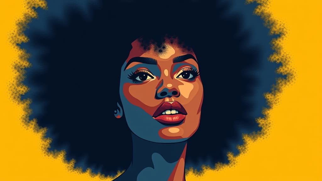  african american woman with voluminous afro hair in a pop art style with bold color contrasts of dark cyan and yellow. perfect for graphic design projects