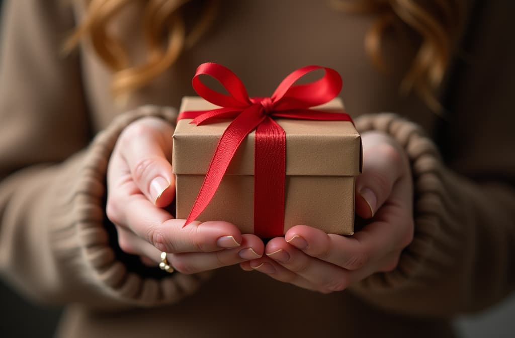  close up of woman's hands holding new year's gift, blurred background with bokeh behind {prompt}, maximum details