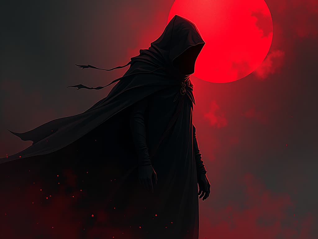  shadow figure in red, whispering ethereal words, faint breeze, atmosphere of change and unrest. the style is digital art illustration / modern comic book / graphic dark novel fantasy and mysterious occult, symbolic, moody lighting, esoteric vibe,high detail on character design. for the color scheme emphasize blacks and reds.