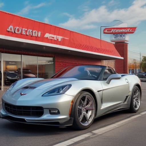 Chevrolet corvette On winding road with a Chevrolet dealership with Addison Chevrolet in the background in Comic Art style with City background