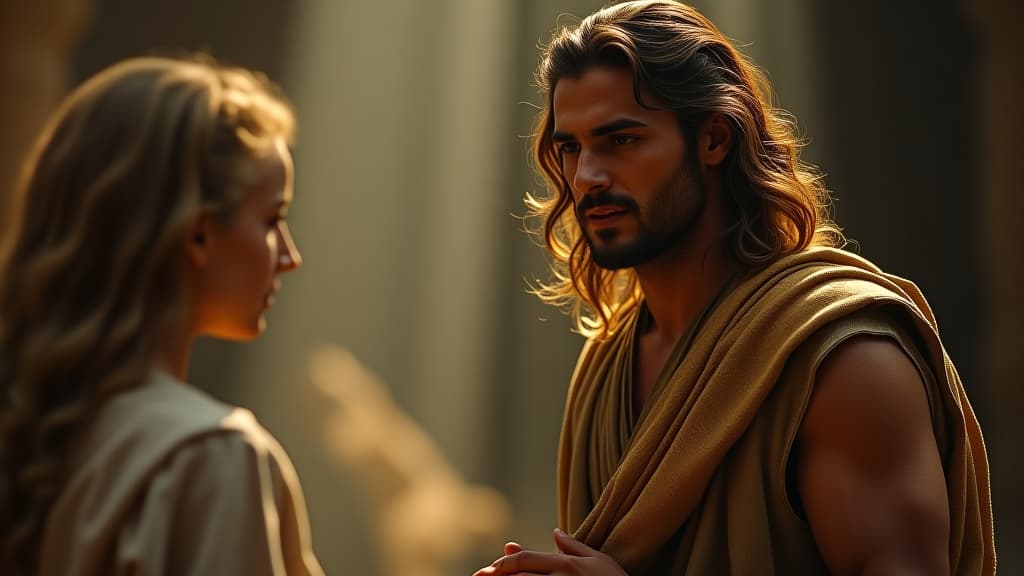  history of biblical times, the servant of abraham asking rebecca for a drink of water, with a hopeful expression of anticipation on his face. hyperrealistic, full body, detailed clothing, highly detailed, cinematic lighting, stunningly beautiful, intricate, sharp focus, f/1. 8, 85mm, (centered image composition), (professionally color graded), ((bright soft diffused light)), volumetric fog, trending on instagram, trending on tumblr, HDR 4K, 8K