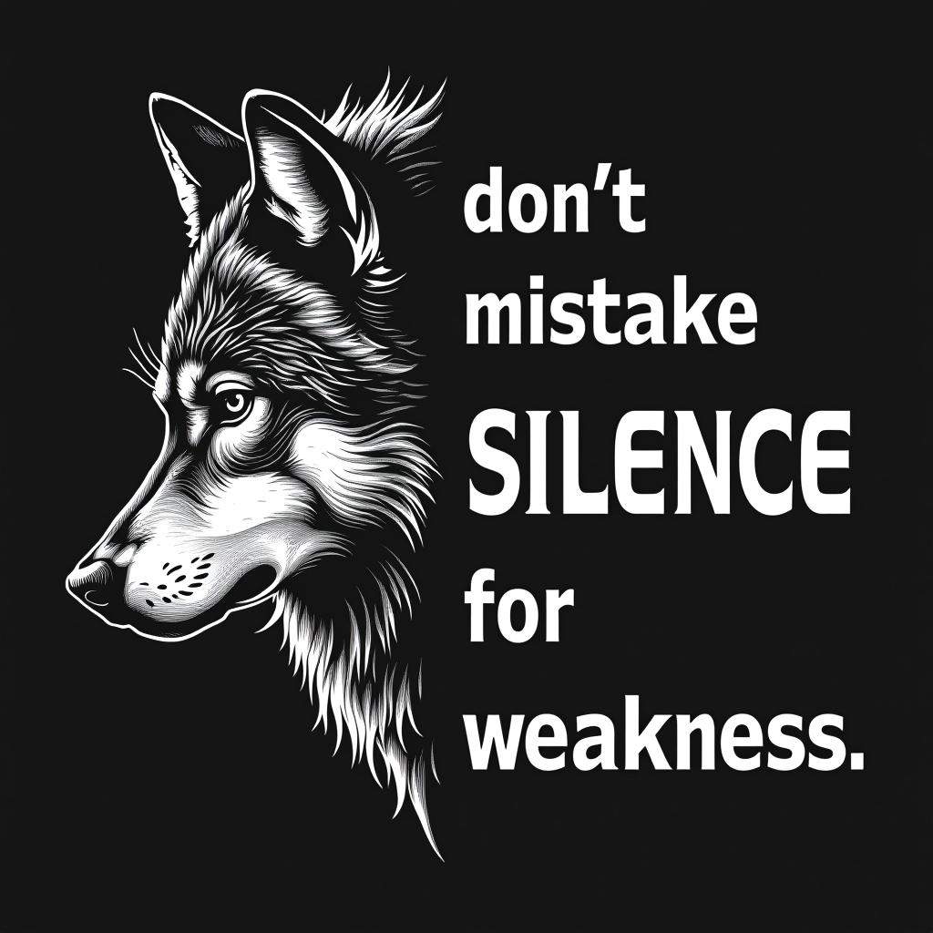  a captivating black and white line art illustration features a wolf in a fierce profile, with one piercing eye gazing intensely from the darkness. the wolf's mane seamlessly blends into the solid black background, creating a sense of mystery and enigma. in contrast, the other half of the design boldly displays striking text in a modern font, proclaiming 'don't mistake silence for weakness' this bold and elegant t shirt design print conveys a powerful message of inner strength, resilience, and the idea that true power can be found in quiet determination.