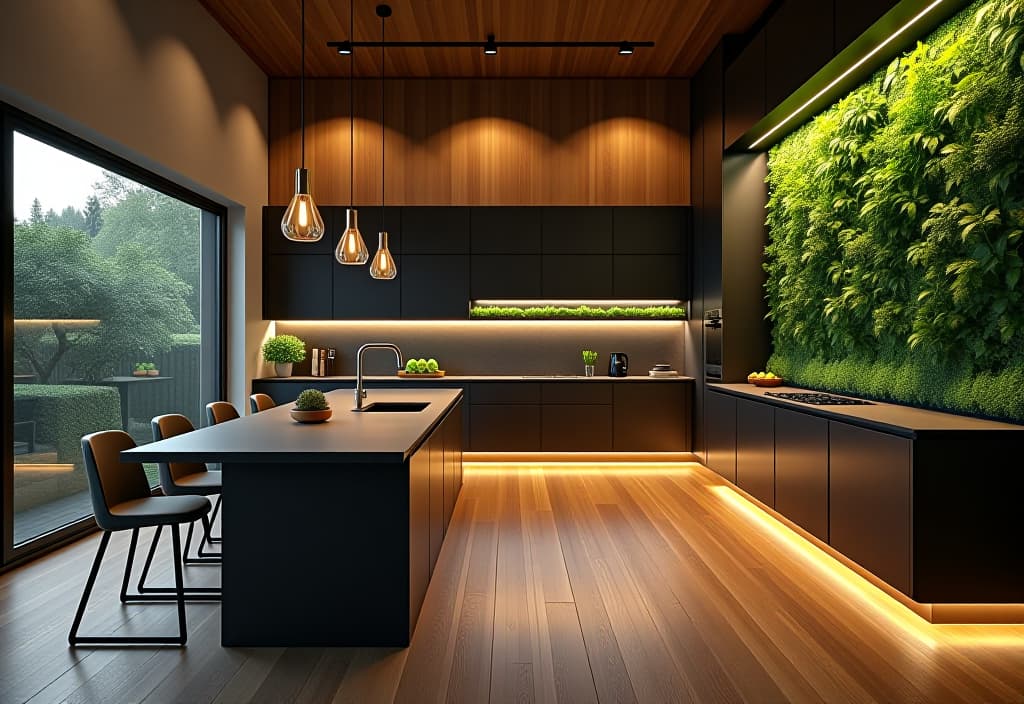  a landscape photo of an open concept contemporary kitchen featuring reclaimed wood flooring, led lighting, and a living wall of herbs, blending modern design with eco friendly elements hyperrealistic, full body, detailed clothing, highly detailed, cinematic lighting, stunningly beautiful, intricate, sharp focus, f/1. 8, 85mm, (centered image composition), (professionally color graded), ((bright soft diffused light)), volumetric fog, trending on instagram, trending on tumblr, HDR 4K, 8K