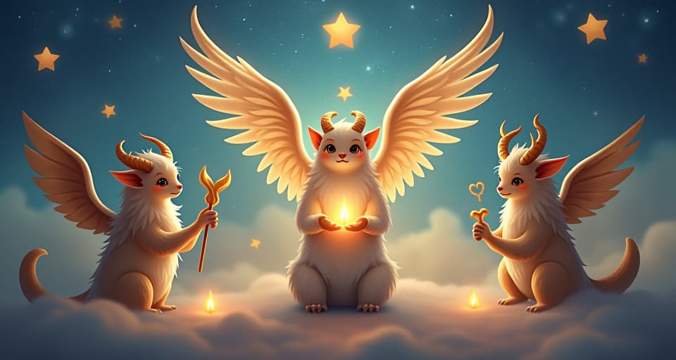  a celestial scene with various ethereal creatures, each offering a different symbolic item, shining stars in the background, prophetic and meaningful.. the style is digital art illustration,highly detailed, whimsical,magical, dreamlike atmosphere, realism and fantasy blend, smooth, glossy textures,luminous quality, wonder and enchantment.