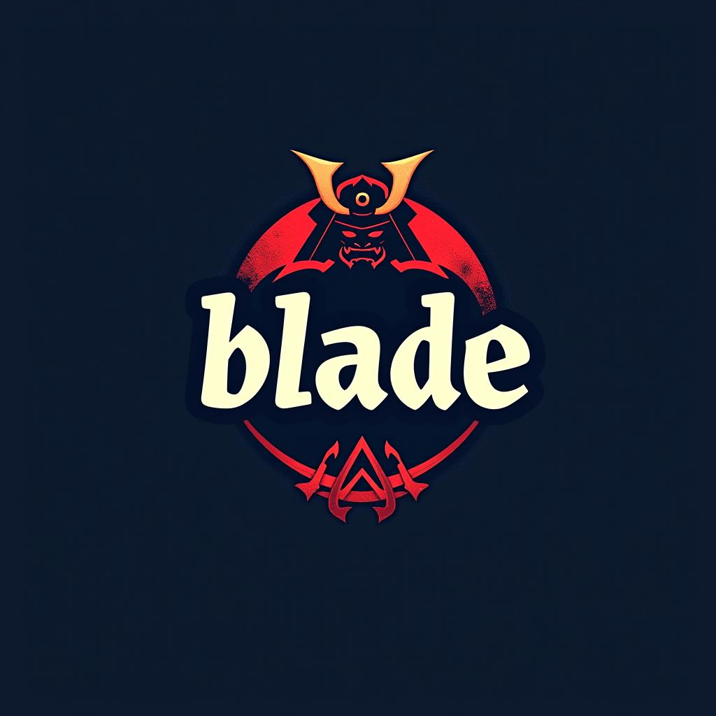  design a logo, emblem logo, with the written text ‘blade’, samurai theme, red and blue.