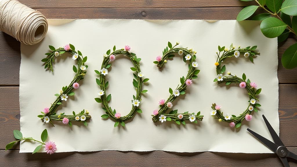  letters "2025" laid out with thin delicate green twigs with leaves and delicate flowers in pastel colors on rustic wooden background with layers of baking paper, organic paper, , florist concept. next to the numbers lies a skein of beige canvas threads, florist scissors {prompt}, maximum details