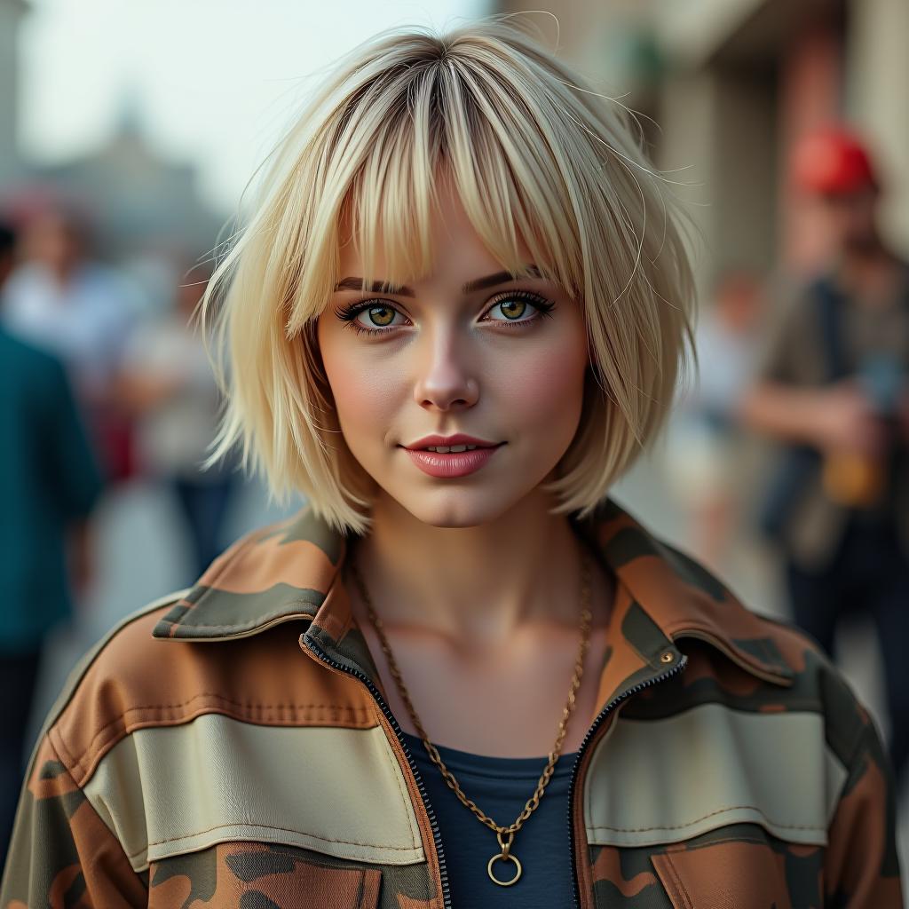  make an image of a brown eyed woman short haired blonde bob dressed in streetwear