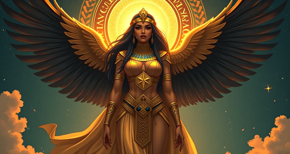  a majestic, large busted goddess in a tight, golden gown, surrounded by celestial symbols, radiating an aura of predestined greatness. the style is digital art illustration / modern comic book / mysterious occult, symbolic, esoteric vibe,high detail on character design, incorporating ancient egyptian symbology and attire.