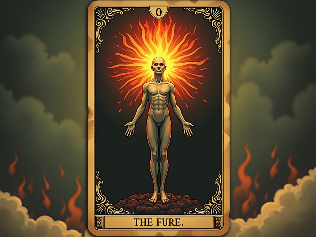  a human figure, aura on fire, flames around third eye, intense and transformative, awakening, igniting. an illustration in the style of a worn, mystical old tarot trump card, mysterious and elements of surrealism. the colors are muted, somber and eerie, but with contrast bring out an occult and esoteric vibe.