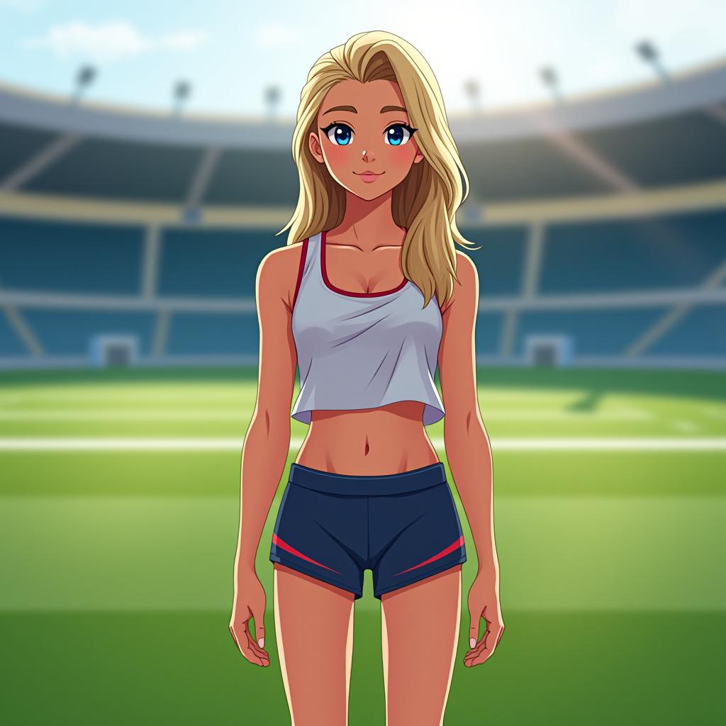  a sporty girl with light hair is standing on the stadium in a top and shorts, facing the camera.