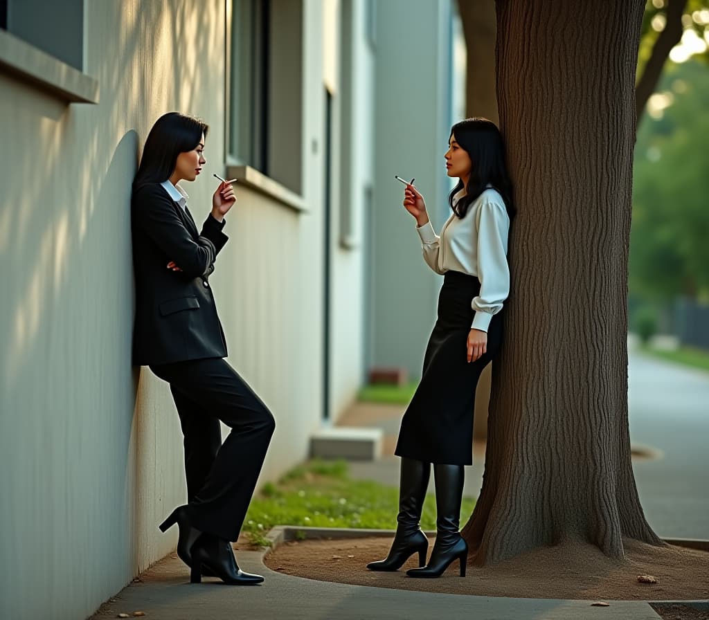  cinematic photo two middle aged women teachers stand outside the with cigarettes, one of them leaned high against the wall, the second stands opposite and leaned high against a tree. both with long black hair. one is wearing a black office suit, the other is wearing a white , a black leather and high heeled leather boots. full height, high detail, side view, 4k . 35mm photograph, film, bokeh, professional, 4k, highly detailed