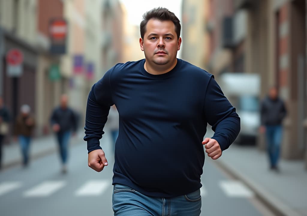  a closeup shot of a realistic 2 old danish man with pale skin and slightly overweight build. he has short, black brown hair that is neatly but slightly tousled, with a youthful, fresh appearance. his skin is clear with a few faint blemishes typical of someone in their early twenties. his facial features are soft and ish, with a slightly round face, blue eyes that are bright and youthful, and no facial hair, giving him a distinctly young appearance. he wears casual, everyday clothing: a dark blue long sleeve shirt that fits comfortably over his slightly rounded stomach, paired with slightly faded blue jeans that show some wear, and simple white sneakers. the man is captured mid run on a city street, viewed from the side, wit