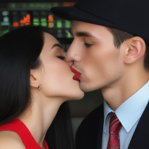 A man who carries bezel and red cap kisses a beautiful woman with long black hair, in full forex trading.