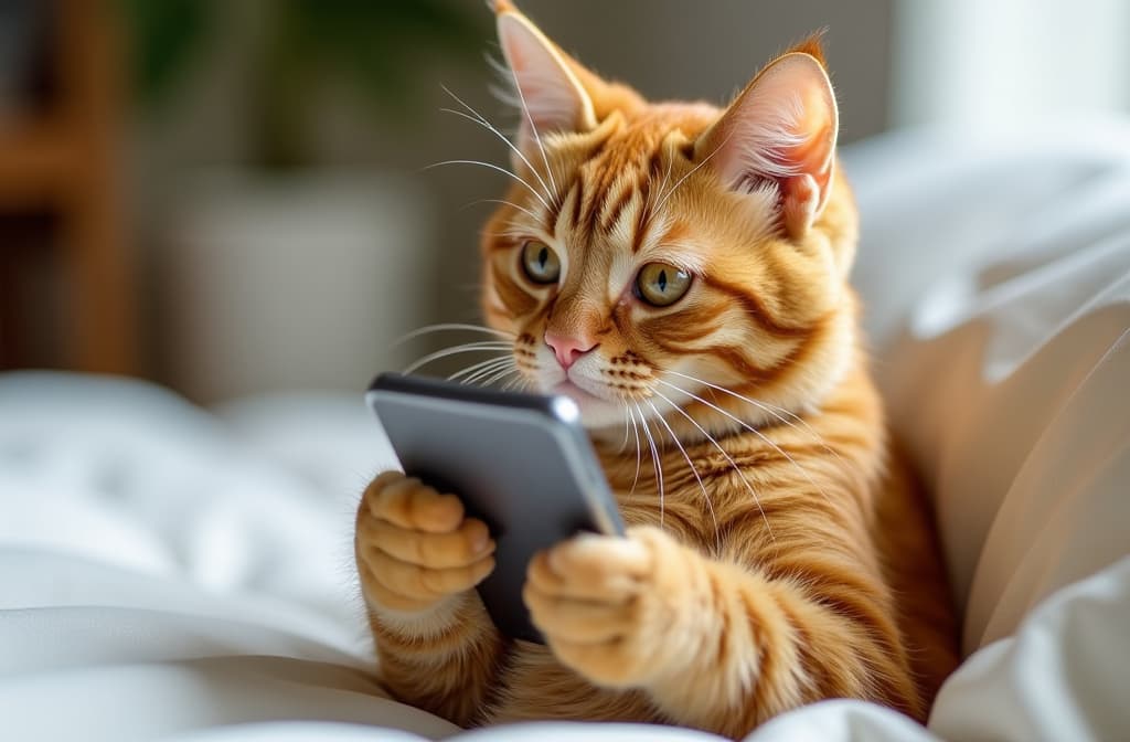  close up fluffy ginger cat holds smartphone in paws, blurred background of white cozy room ar 3:2 {prompt}, maximum details