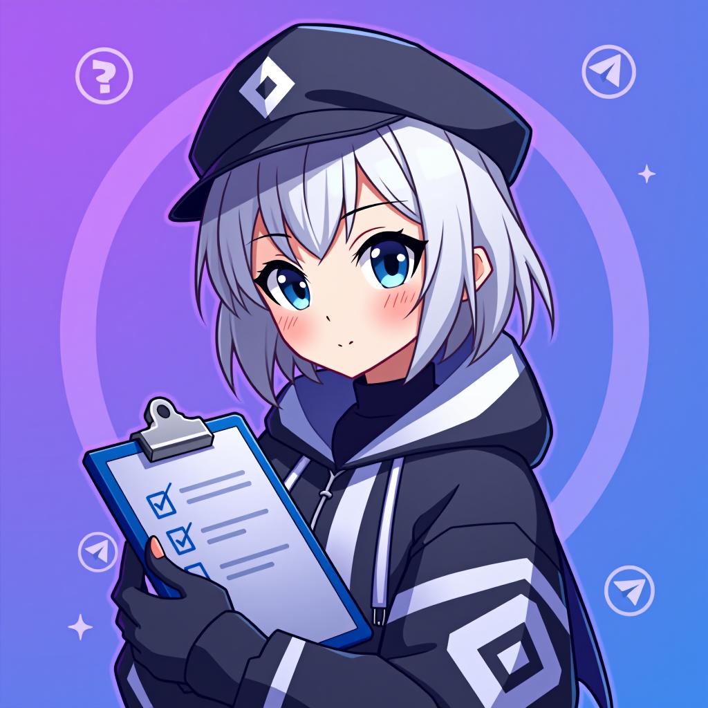  good quality, high quality, a profile picture for a telegram group management bot featuring emilia from re:zero. emilia is depicted with her silver hair and blue eyes, with hat, holding a stylized clipboard with a checklist. the background is a soft gradient of telegram logo purple and blue, symbolizing efficiency and organization. the telegram iconic logo is subtly integrated into the background, starting small near emilia and gradually growing in size and brightness as it moves outward, blending smoothly with the gradient color, checklist in "admin" "group safety" "ai features" "antisytem"