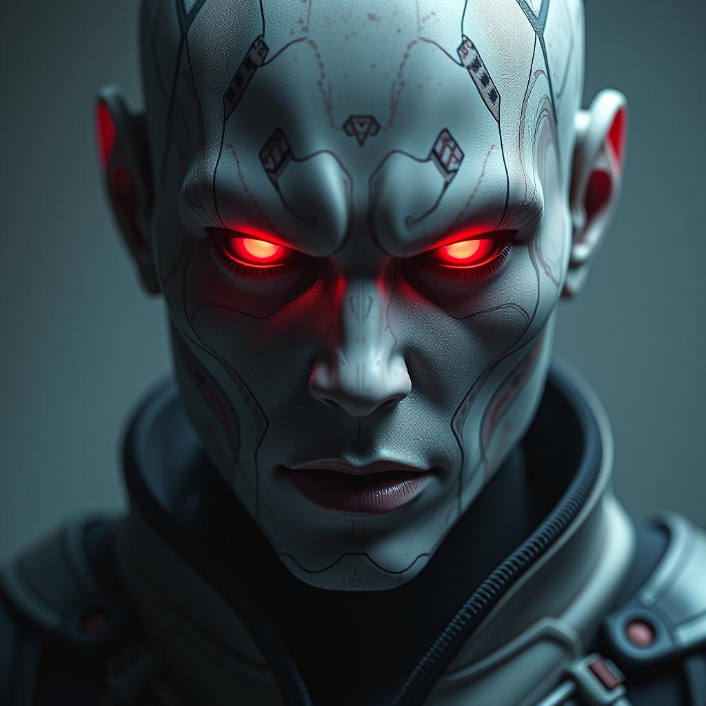  cyborg face, marble material, scary red diode eyes, destiny 2 style hyperrealistic, full body, detailed clothing, highly detailed, cinematic lighting, stunningly beautiful, intricate, sharp focus, f/1. 8, 85mm, (centered image composition), (professionally color graded), ((bright soft diffused light)), volumetric fog, trending on instagram, trending on tumblr, HDR 4K, 8K