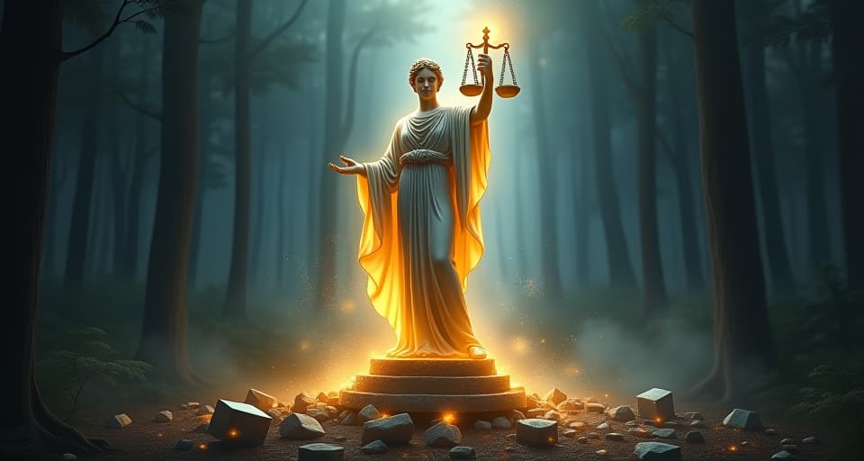  a shattered, glowing statue at the feet of a majestic, ethereal figure in flowing, radiant robes. the figure stands tall, emanating an aura of divine justice and triumph, in a dark, mystical forest.. the style is digital art illustration,highly detailed, whimsical,magical, dreamlike atmosphere, realism and fantasy blend, smooth, glossy textures,luminous quality, wonder and enchantment.