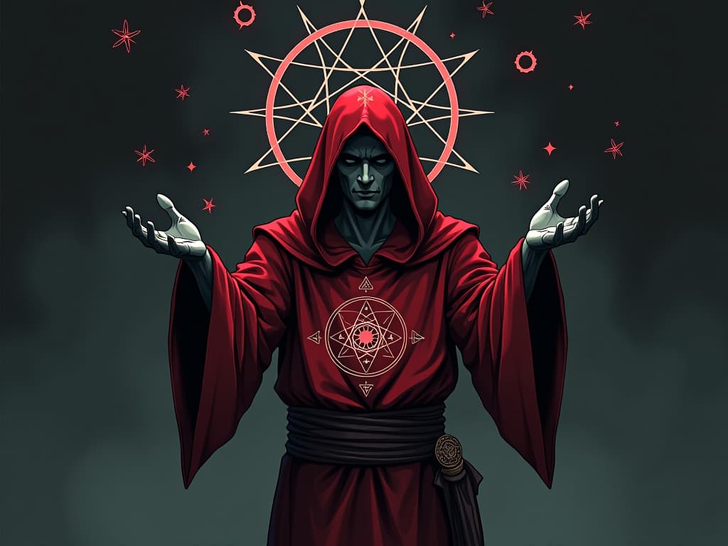  sage in red vestments, releasing dark talismans into a void, sacred geometric symbols in the air, act of consecration. the style is digital art illustration / modern comic book / graphic dark novel fantasy and mysterious occult, symbolic, moody lighting, esoteric vibe,high detail on character design. for the color scheme emphasize blacks and reds.