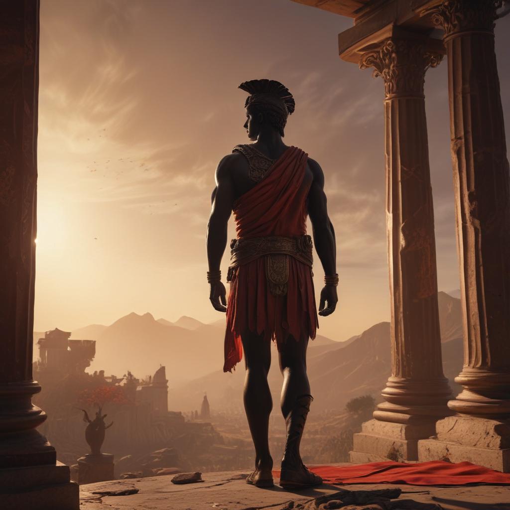 A cinematic opening shot of Achilles standing tall, gazing into the distance with a mix of determination and uncertainty, set in a mythical ancient Greek landscape, golden sunlight casting long shadows, capturing the essence of fate and destiny, shot with a wide angle lens"in the style of classical Greek pottery art, with intricate black figures on a red background, depicting mythological scenes with a focus on gods and heroes, using a limited color palette of red, black, and white"This image is a breathtaking painting that captures the magical scene with vivid detail. The overall composition is spellbinding, showcasing a perfect harmony. photorealism fantasy, unreal engine 5, concept hyperrealistic, full body, detailed clothing, highly detailed, cinematic lighting, stunningly beautiful, intricate, sharp focus, f/1. 8, 85mm, (centered image composition), (professionally color graded), ((bright soft diffused light)), volumetric fog, trending on instagram, trending on tumblr, HDR 4K, 8K