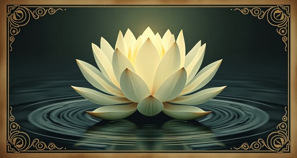  lotus, pure white, rising from dark muddied water, flawless, detailed, glowing softly, luminous purity.. an illustration in the style of a worn, mystical old tarot trump card, mysterious and elements of surrealism. the colors are muted, somber and eerie, but with contrast bring out an occult and esoteric vibe.