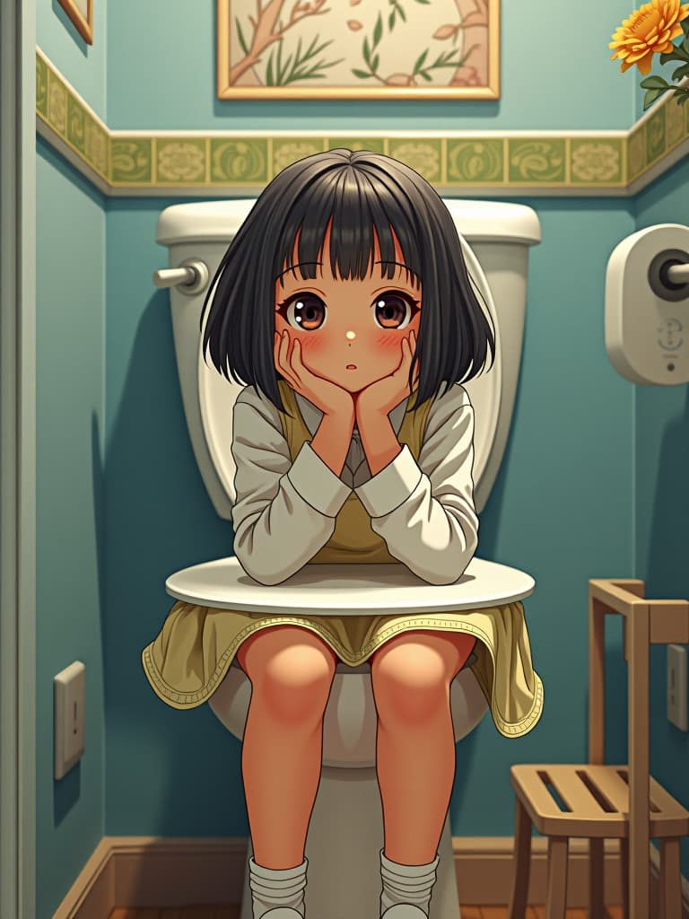  girls, 1st grade in elementary school, on the toilet, masterpiece, best quality,8k,ultra detailed,high resolution,an extremely delicate and beautiful,hyper detail