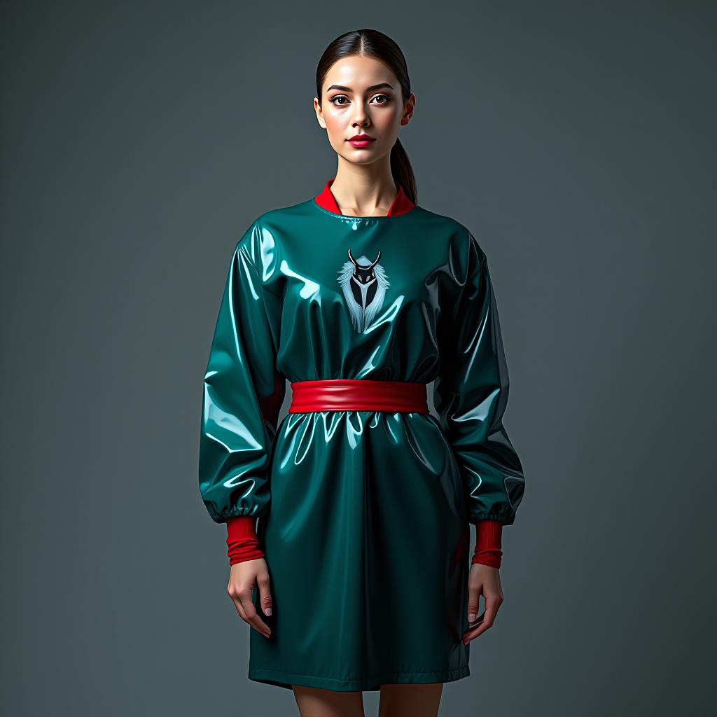  "hyperdetalisation, woman, mistress surgeon, in dressed three color surgical suit, made of glossy latex, standing alone, full length, front view, full face, dressed in, surgical gown, knee length, with elastic waistband, long sleeves, with elastic cuffs, upper part of surgical gown, (from collar to waist), glossy latex dark green, belt at waist, glossy latex red, lower part of surgical gown, (from hem to waist), glossy latex dark blue, in the center of the surgical gown made of glossy latex, the emblem of the surgical team, surgical forceps "burdizzo" are depicted, upper part of sleeve, (from shoulder to elbow), glossy latex dark blue, lower part of sleeve, (from elbow to cuff), glossy latex dark green, cuffs on sleeve, glossy latex red, (b