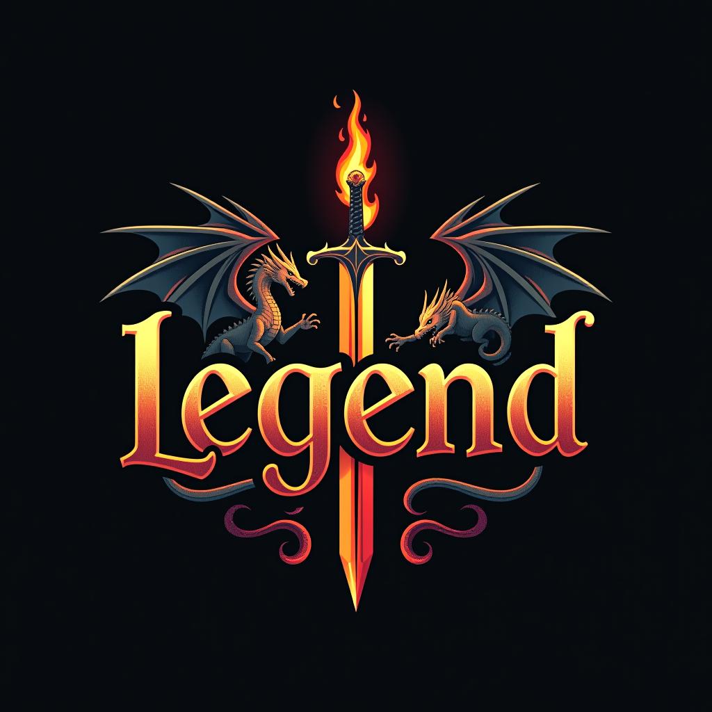  design a logo, custom sticker design on an isolated black background with the words ‘legend’ in bold font decorated by mythical dragons and a flaming sword