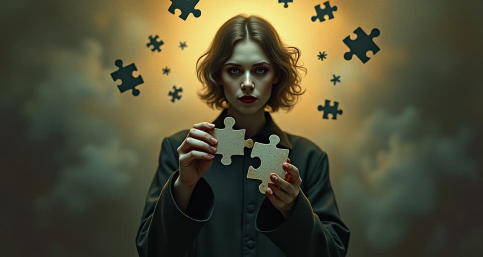  a figure holding pieces of a puzzle, background of blurred memories, pieces floating midair, gradual illumination, sense of realization and revelation, soft glow emanating from the figure. an illustration in the style of a worn, mystical old tarot trump card, mysterious and elements of surrealism. the colors are muted, somber and eerie, but with contrast bring out an occult and esoteric vibe.