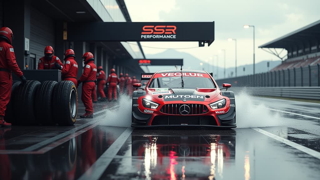  create a hyper realistic image capturing the intense dtm race in spielberg where mirko bortolotti made a strategic masterpiece. the composition features bortolotti's car zooming past the pit stop with mechanics swiftly changing tires under ssr performance branding. show bortolotti driving with precision on rain tires, emphasizing the importance of strategy. include a dramatic sky hinting at rain, symbolizing changing conditions. highlight tire pressure gauges showcasing the crucial role of fine 