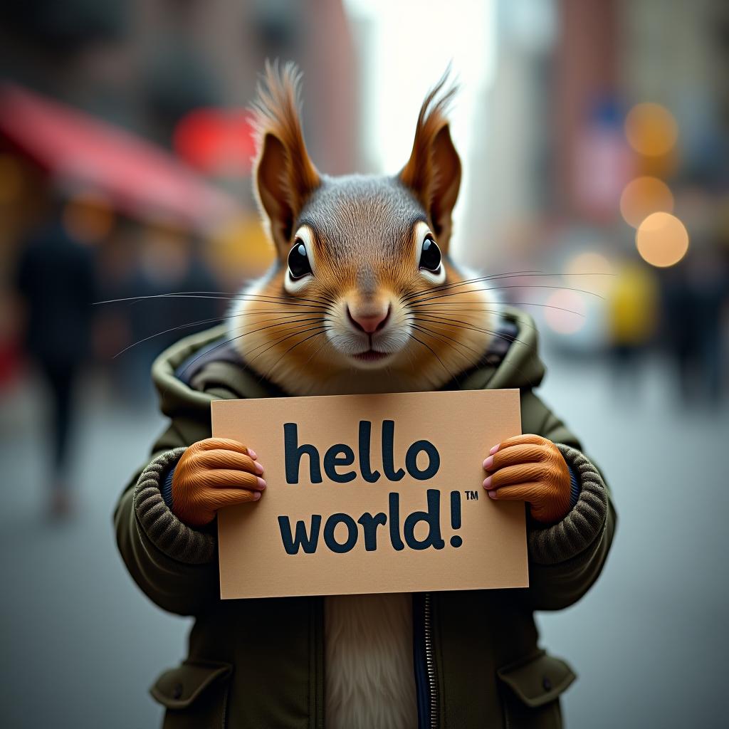  a cute squirrel holding a sign with the text “hello world!” in a new york street hyperrealistic, full body, detailed clothing, highly detailed, cinematic lighting, stunningly beautiful, intricate, sharp focus, f/1. 8, 85mm, (centered image composition), (professionally color graded), ((bright soft diffused light)), volumetric fog, trending on instagram, trending on tumblr, HDR 4K, 8K